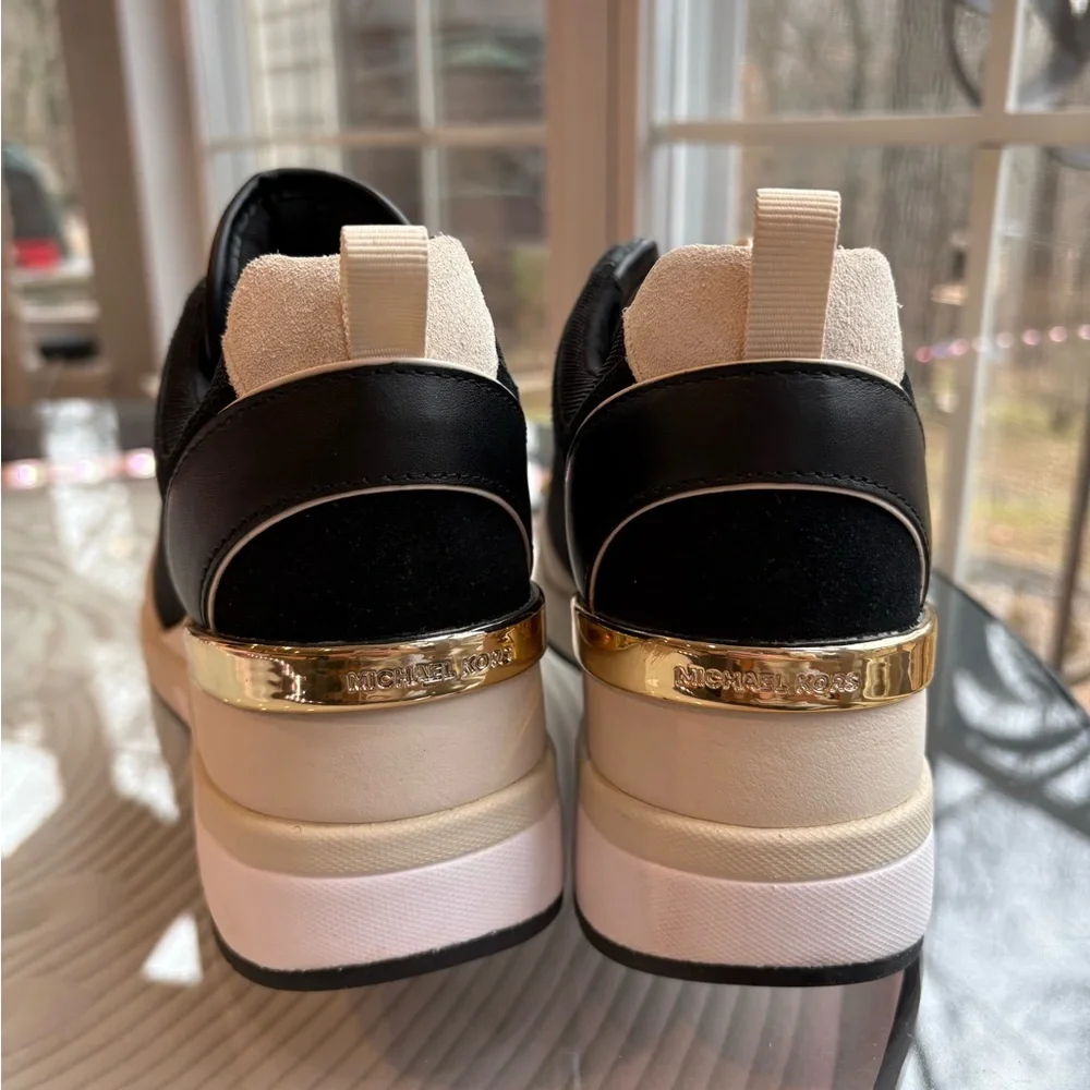 Michael Kors Georgie Trainers Black, Cream & Gold Wedge Sneakers - Picture 4 of 7